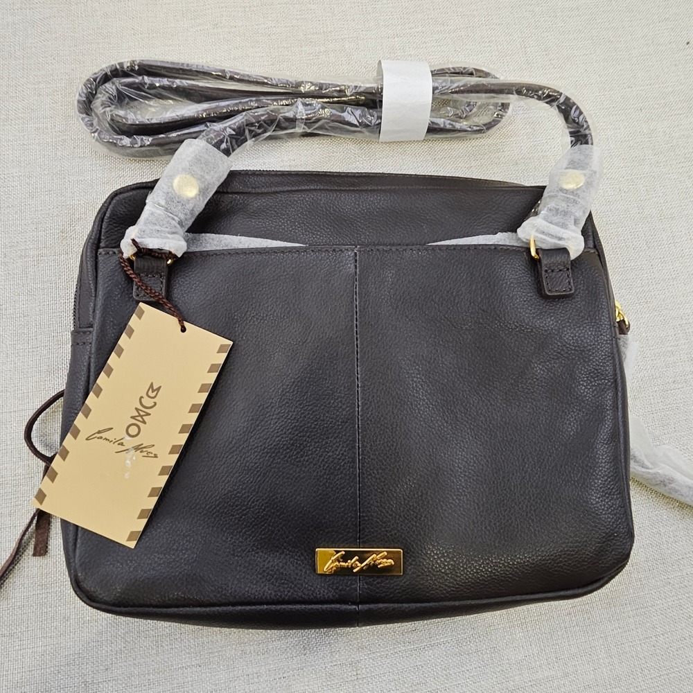 Muxo Camila‎ Alves Dark Brown Leather Fringe Crossbody Bag Purse Gold Logo New